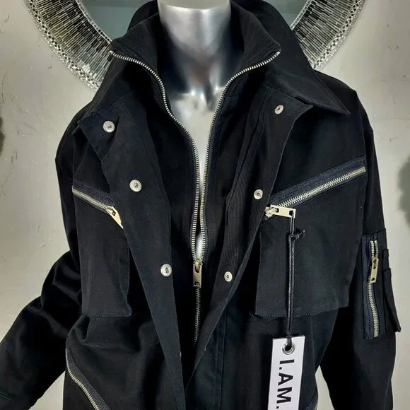 NWT~$295~I AM GIA~S/M~BLACK MILITARY UTILITY CARGO DENIM JEAN JACKET COAT - Picture 2 of 16